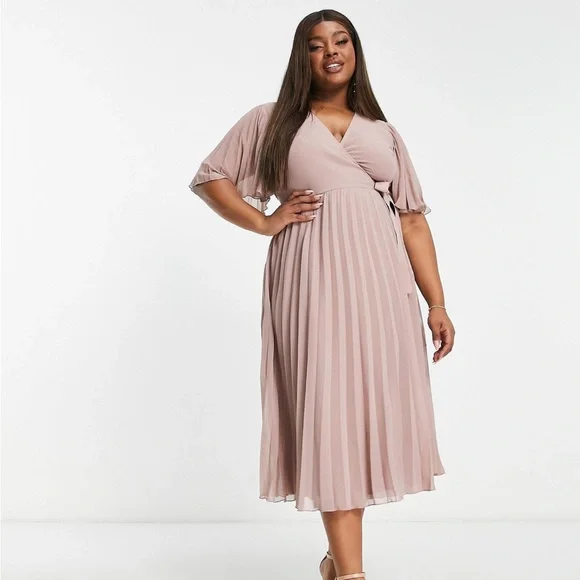 strapless open back dress Plus Size double Ruffled Sleeves Pleated Flare Midi Dresses main image 1